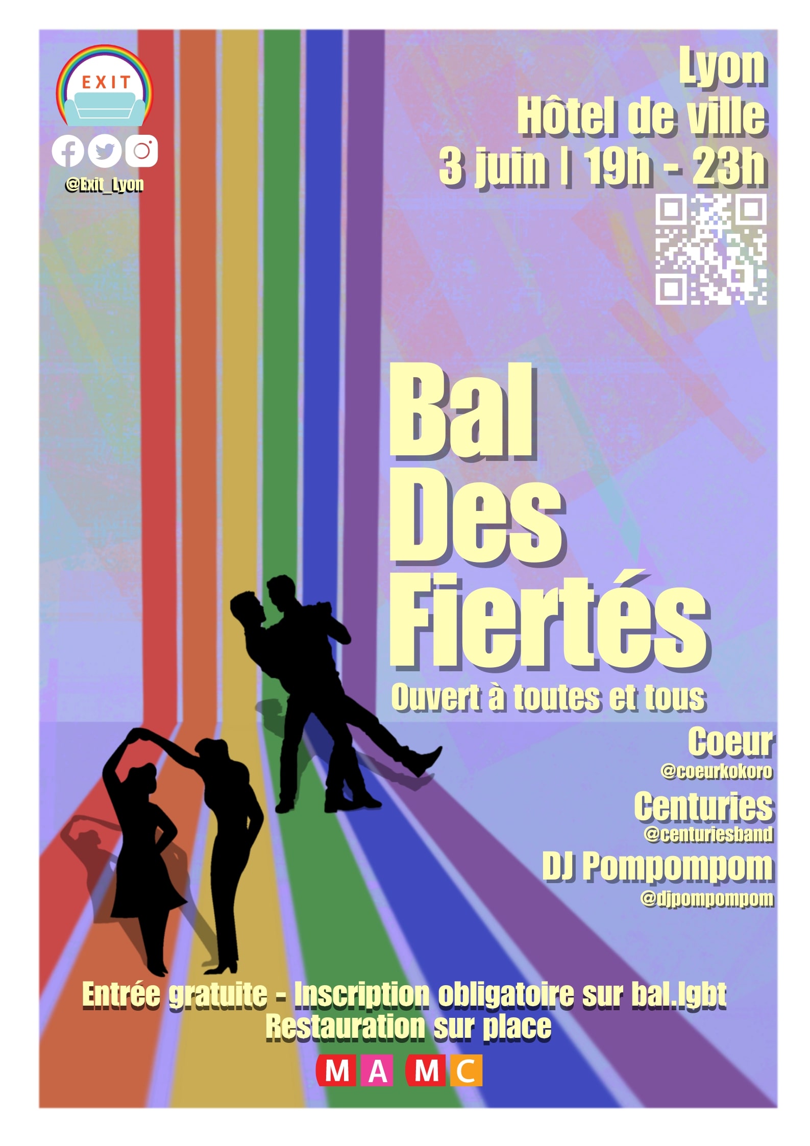 L'affiche du Bal des Fiertés 2023. Il est écrit 'Bal des Fiertés de Lyon, ouvert à toutes et tous' à coté d'un grand arc-en-ciel sur lequel deux silhouettes de couples dansent. La programmation et les horaires sont précisées sur le côté droit.